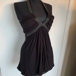 Sky Tops - Sky Black Halter Top W/black Leather Braiding Sz S Sky Tops - Sky Black Halter Top W/black Leather Braiding Sz S